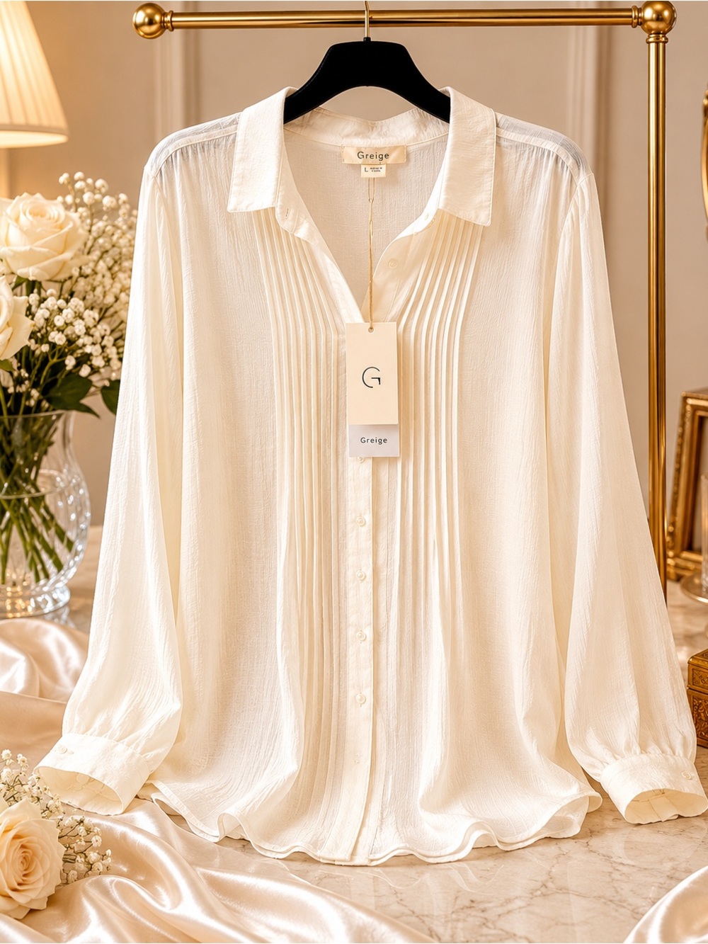 NWT Greige Ivory Pintuck Blouse Large Button Front Long Sleeve Career Top